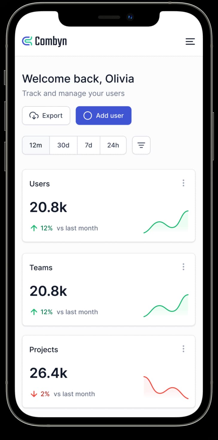 A mockup of an iPhone 12 Pro showing Combyn give user insights into expenses